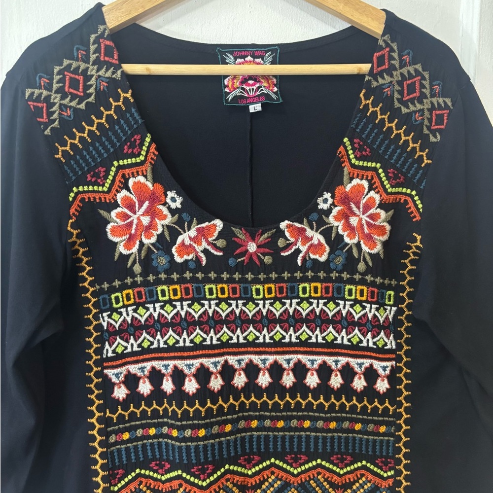 Johnny Was Los Angeles Women's Black Floral Embroidered Tunic Bohemian Dress, L - Picture 2 of 16